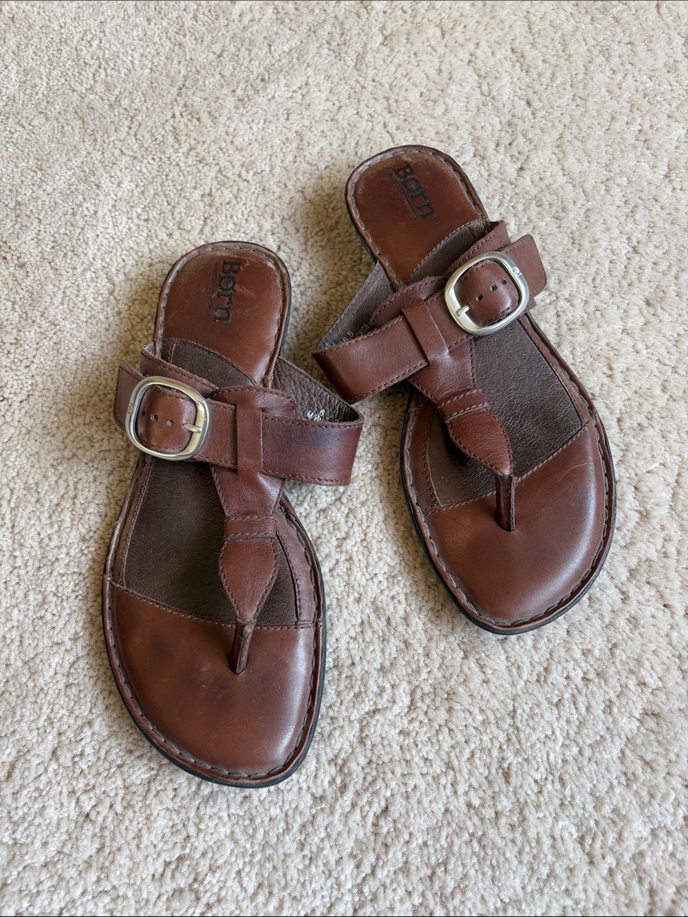 Born Brown Leather Buckle Thong Sandals